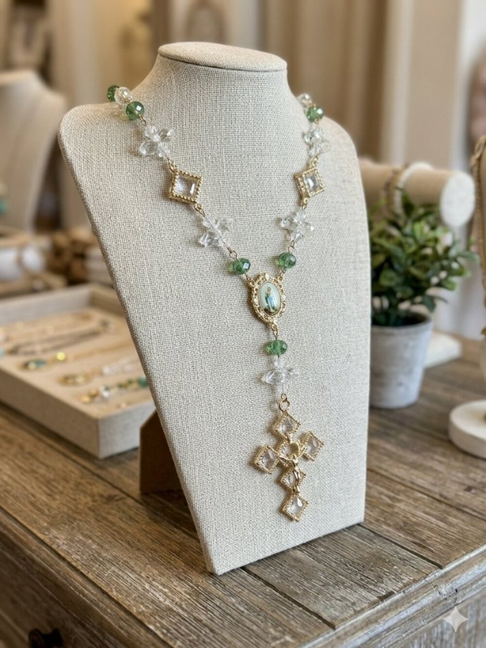 Gold Crystal Emerald Travel Car Rosary NWOT